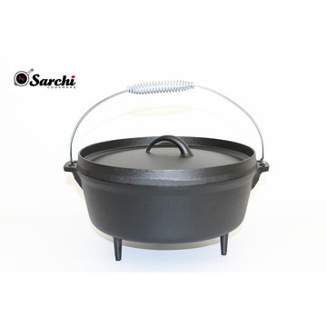 Deep round three legs cast iron camping cookware with lid